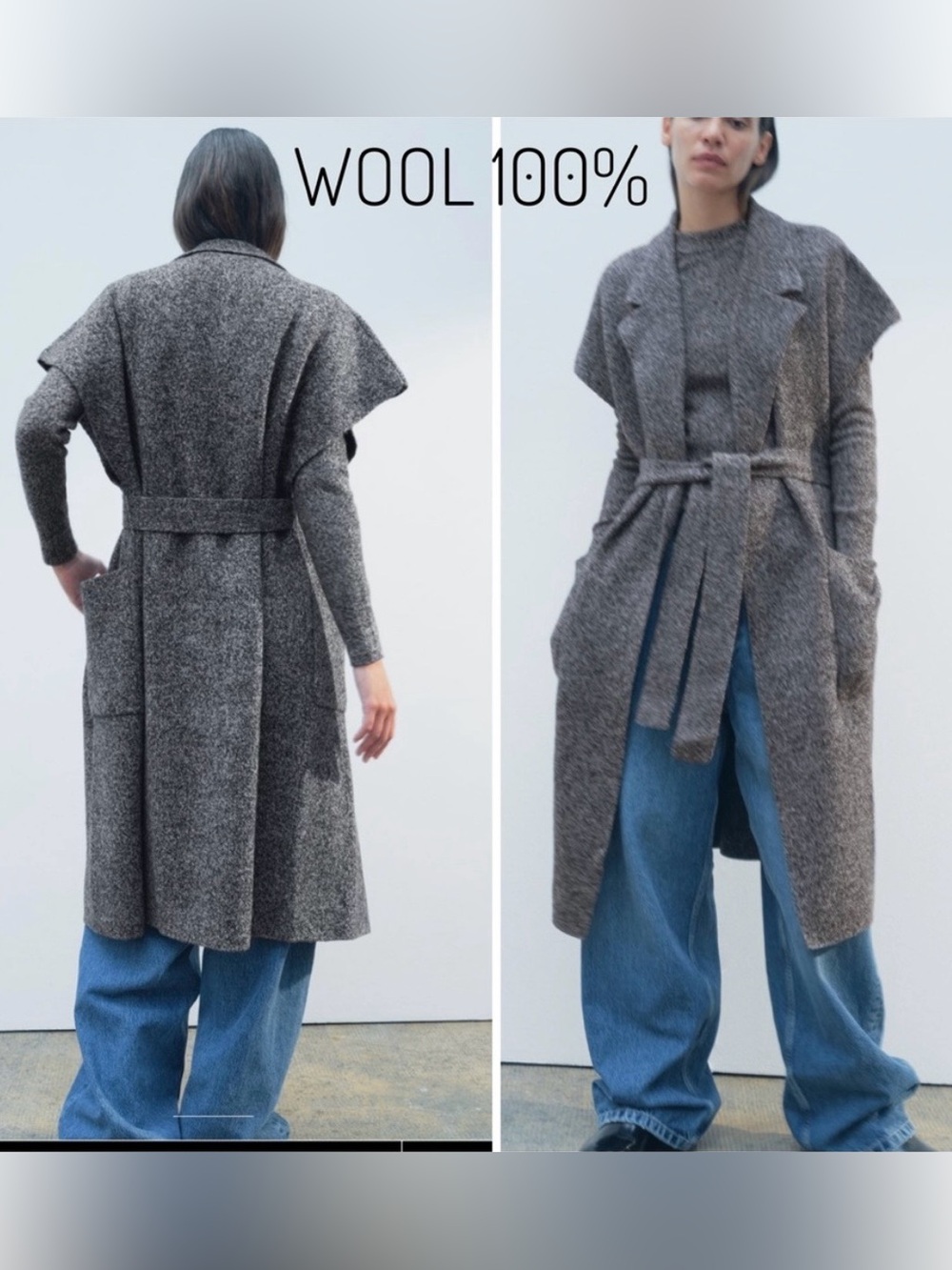 Zara 100% Wool Belted Long Vest Gray Marl Sleeveless Coat